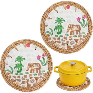Traditional 2-Piece Rattan Trivet Set with Mother of Pearl Inlay, 7.6in Handwoven Heat-Resistant Round Tableware for Kitchen Table Hot Pots, Pans