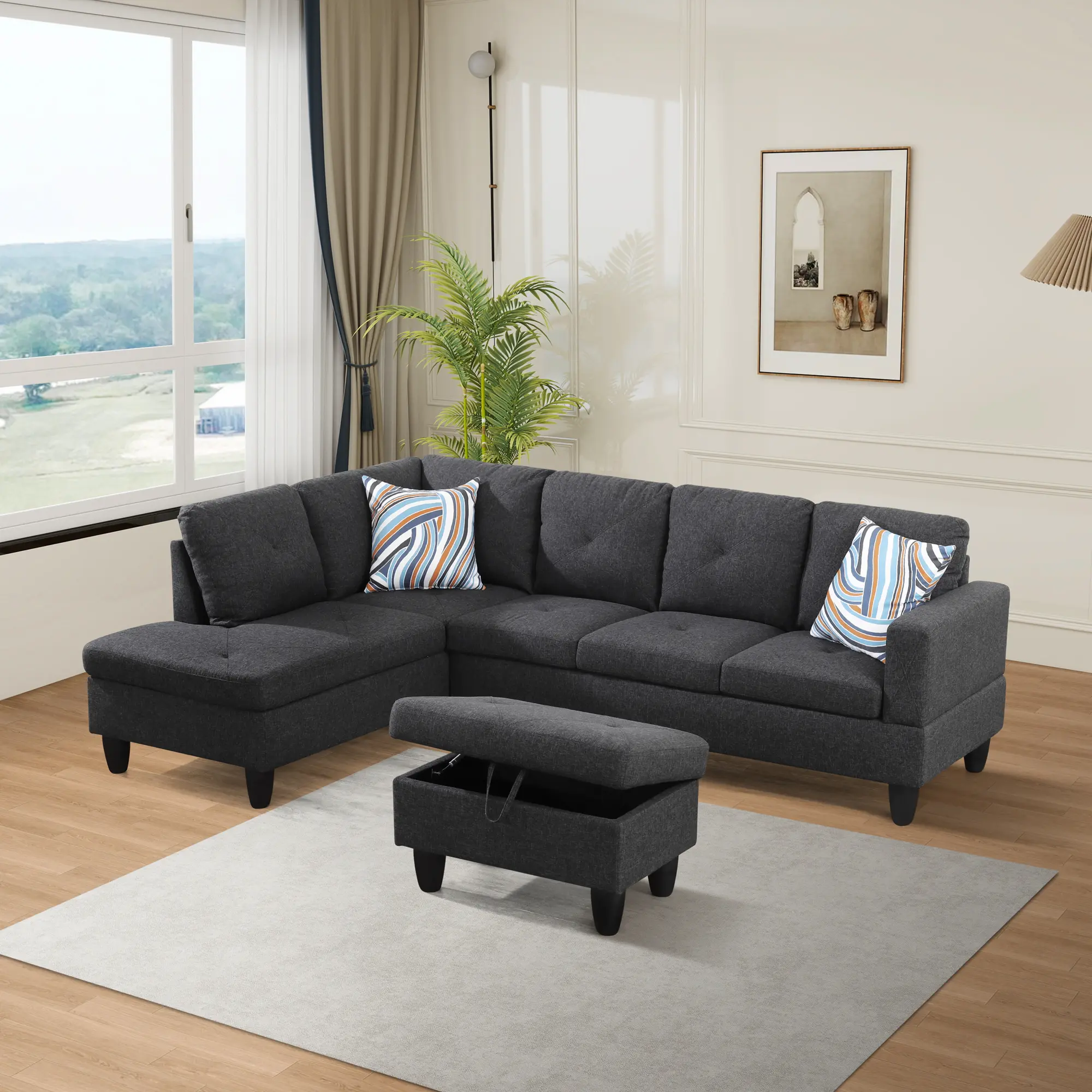 Modern 2-Seat 66.5" Sturdy Cotton Dark Grey Flannel 3-Piece Combination Sofa Set, Pre-Assembled Upholstered Living Room Couch with Fixed Arms, Space-Saver Indoor Furniture for Small Apartments