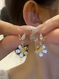 Elegant Floral Stud Earrings, Japanese Korean Style, French Sakura Design, Light Luxury Alloy Ear Rings for Women, All Seasons Trendy Jewelry Gift
