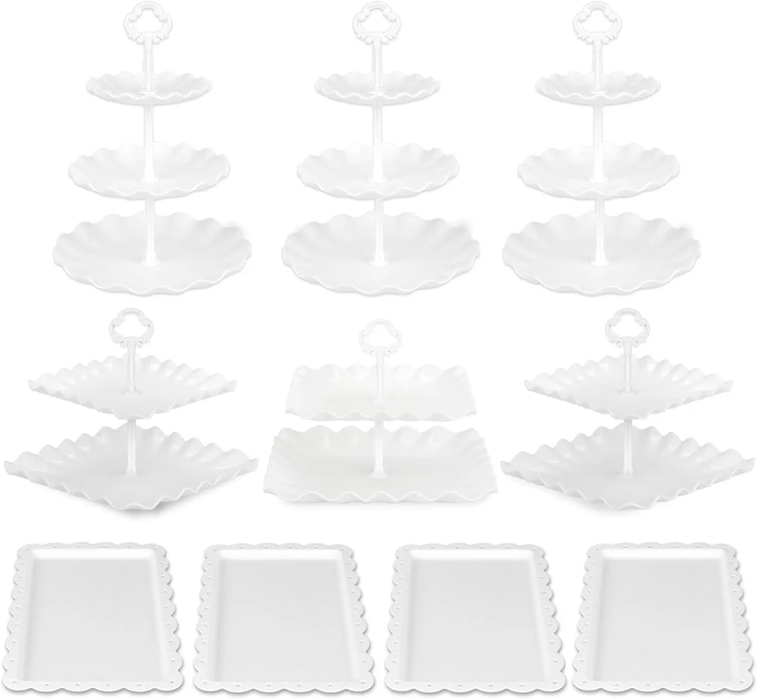 3 Two-Tier Cupcake Stands + 3 Three-Tier Cupcake Stands + 4 Appetizer Trays Plastic Tiered Serving Stands, Dessert Tower Trays for Tea Parties, Parties and Weddings Decoration Christmas Ornaments Smooth