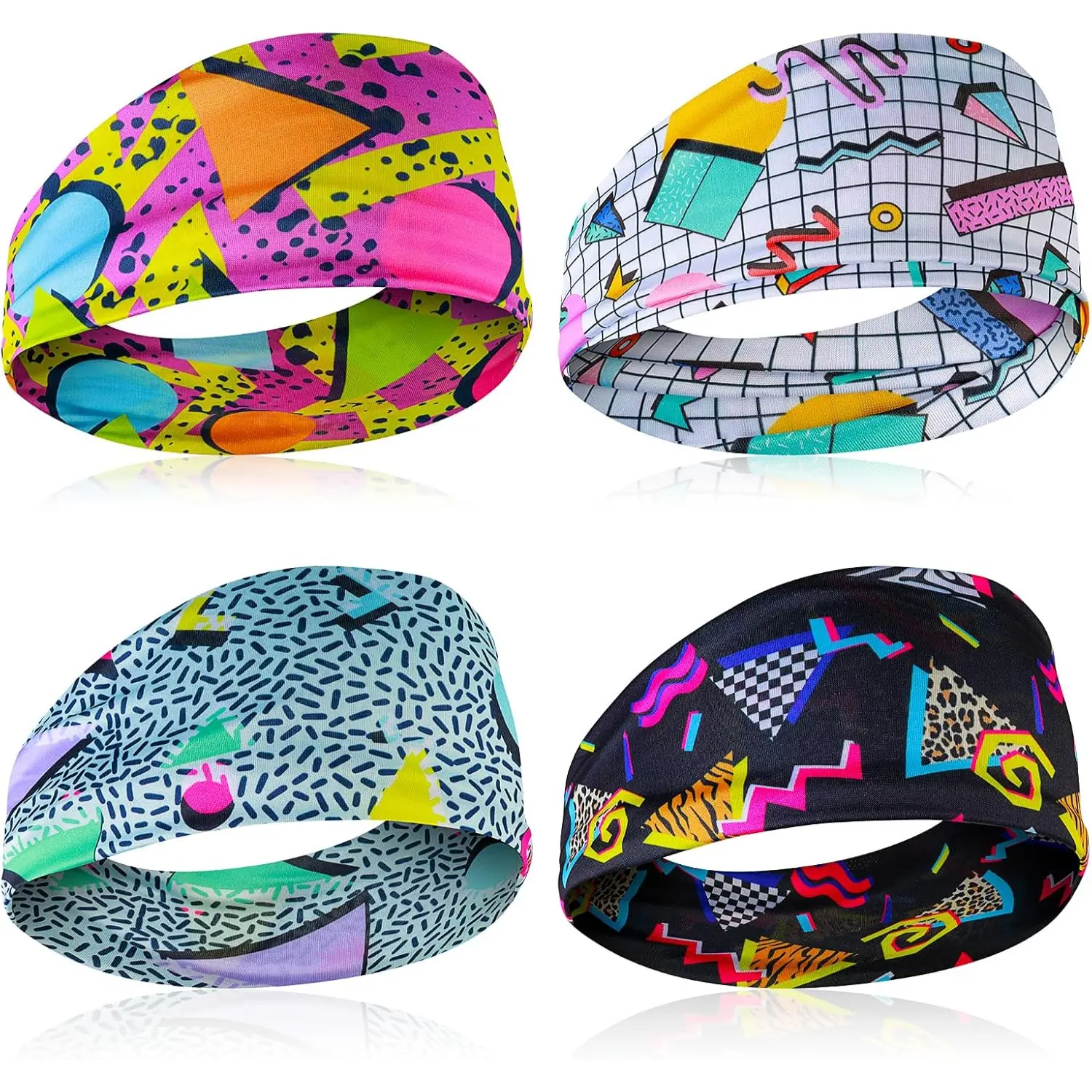 4 Pack 80s 90s Vintage Headbands Retro Soft Sport Sweatbands Boho Neon Headband Universal Workout Sweatband for Men and Women Hiking Cycling Party Running Fitness