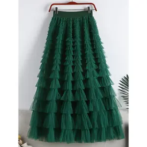 Women's Solid Color Mesh Layered Ruffle Hem Skirt, Elegant Fashion Casual A Line Midi Skirt for Daily Outdoor Wear, Ladies Bottoms for SummerGift