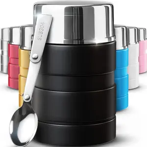 Stainless Steel 17OZ Vacuum Insulated Food Thermos Jar with Folding Spoon, Wide Mouth Insulated Food Container, Soup Thermos for Hot & Cold Food, Black