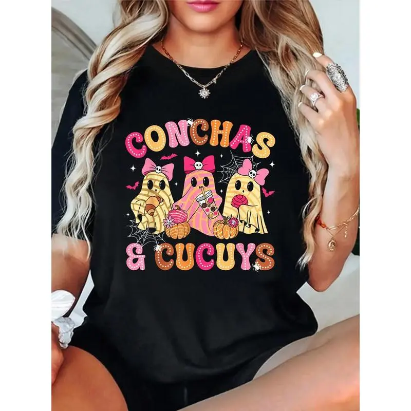 Unisex Cotton Graphic T-Shirt - Cute Conchas & Cucuys Ghost, Funny Mexican Halloween Theme, Short-Sleeve, Round Neck, Streetwear Top, Vintage Style Casual Black Crewneck T-Shirt for Adults