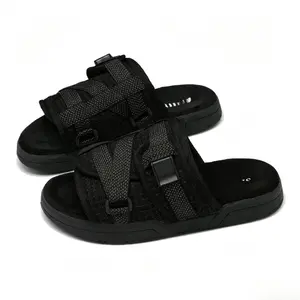 Reflective Black Adjustable Strap Slide Sandals Streetwear Open Toe Platform Slippers for Men Women Casual Summer Shoes