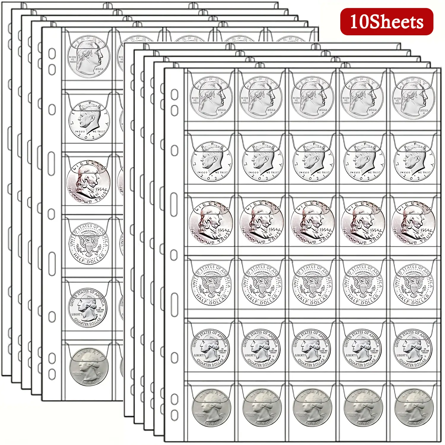 10 Sheets 30 Pockets Coin Binder Collection Supplies Pages 9 Hole Transparent Coin Collecting Pocket Page for Coin Stamp Badge Collection Coin Album Holder Coin Organizer Coin Storage Page Water Proof