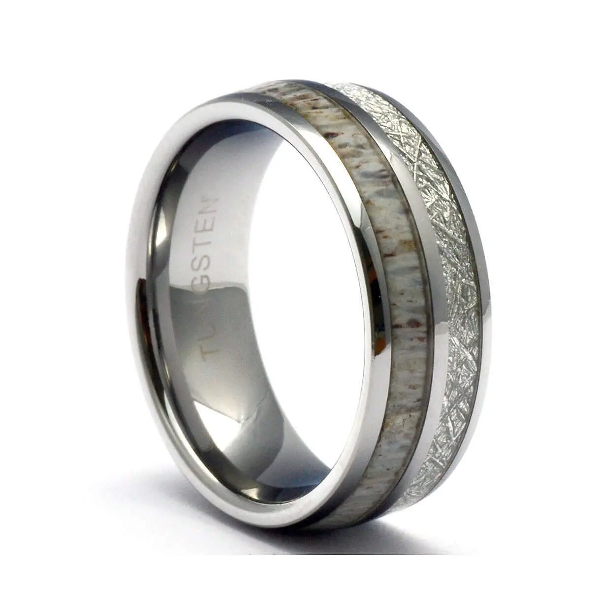 Tungsten Wedding Band - Stackable Ring with Antler and Meteorite Inlay, Unique Rings, Fashion Jewelry Accessory for Special Occasions, Stackable Rings