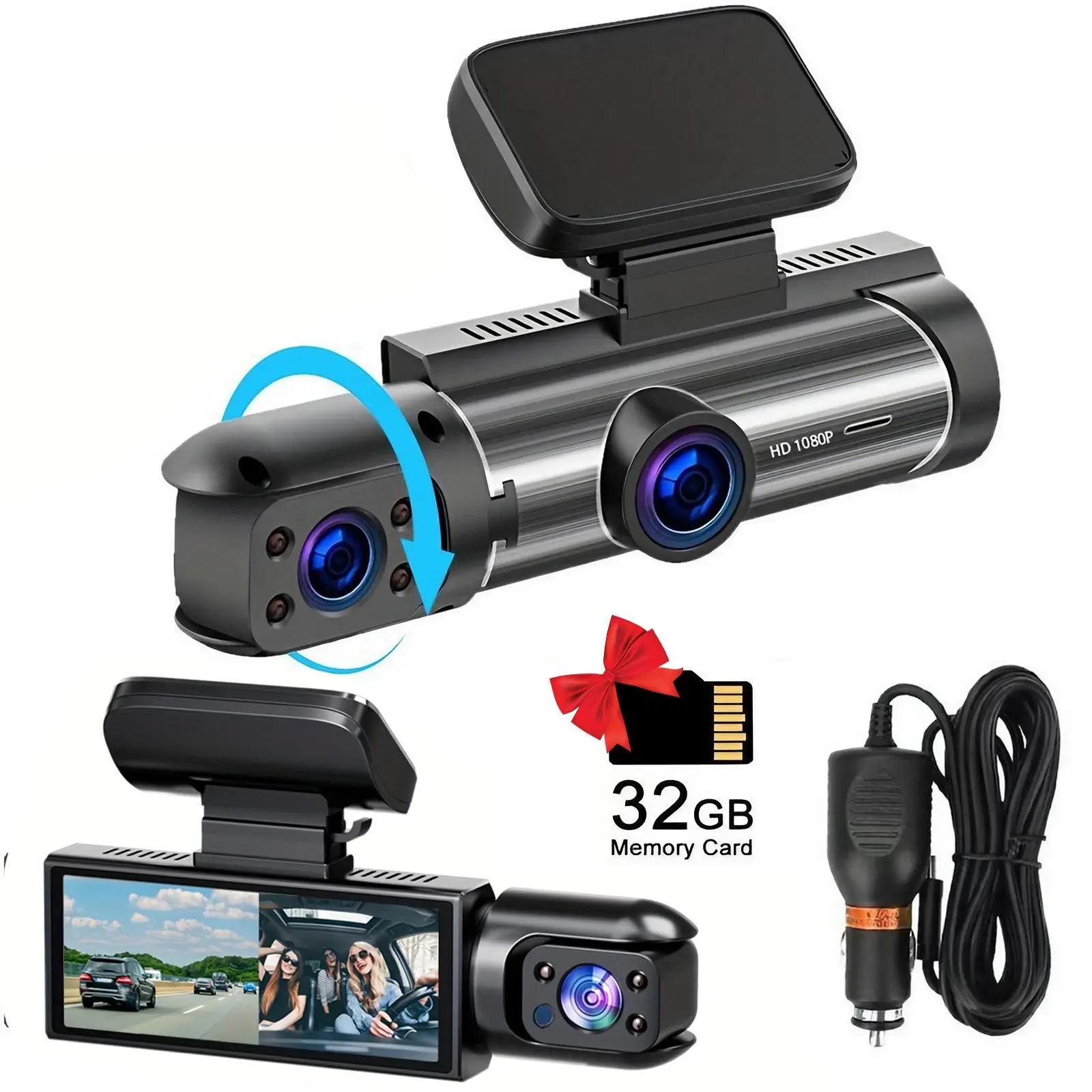 Car DVR with 32G Storage Card, 1080P HD Front & Built-in Camera, 3.16 Inch IPS Screen Car DVR with Infrared Night Vision Function, Automotive DVR Camera, Car Video Surveillance