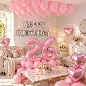 Pink Silver Birthday Balloon Decorations Set, Foil Number Balloons with Rose Petals, Elegant Bedroom Surprise Party Decor for Room Backdrop and Photo Props
