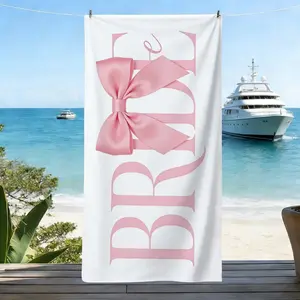 Beach towel, white, with pink bow and the word BRIDE, beach vacation summer gift