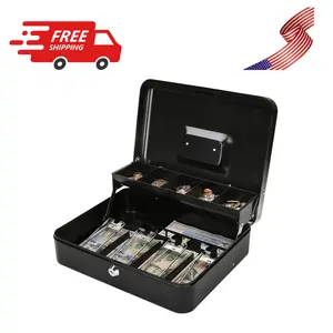 Large Cash Box with Money Tray and Lock - Safe Box 11.8L x 9.5W x 3.5H Inches, Black