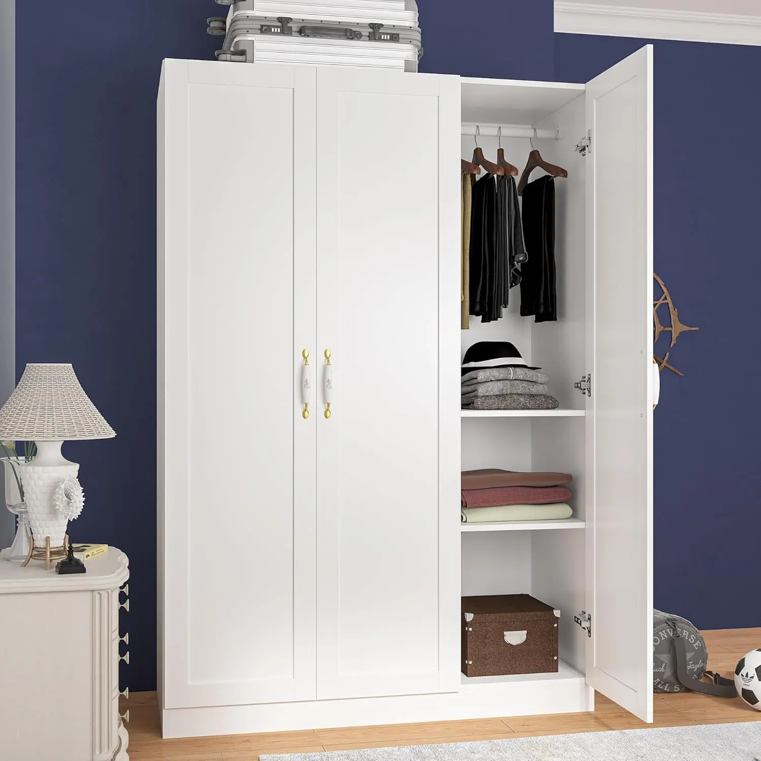 White Wardrobe Armoire Wooden Closet with 3 Doors, 5 Storage Compartments, 2 Hanging Rods & Decorative Handles for Bedroom