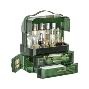 Cosmetic storage box with transparent lid, large makeup organizer with drawers, portable handle, waterproof and dustproof skincare display box suitable for countertops, bathrooms, dressing tables, gift transparent green