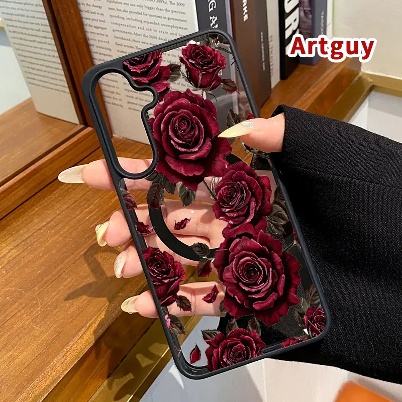 Magnetic Phone Case for Samsung Galaxy S24 Plus S25 Ultra S23 FE Ultra S22+ Velvet Rose Pattern TPU Shockproof Anti-Scratch Stylish Smartphone Cover