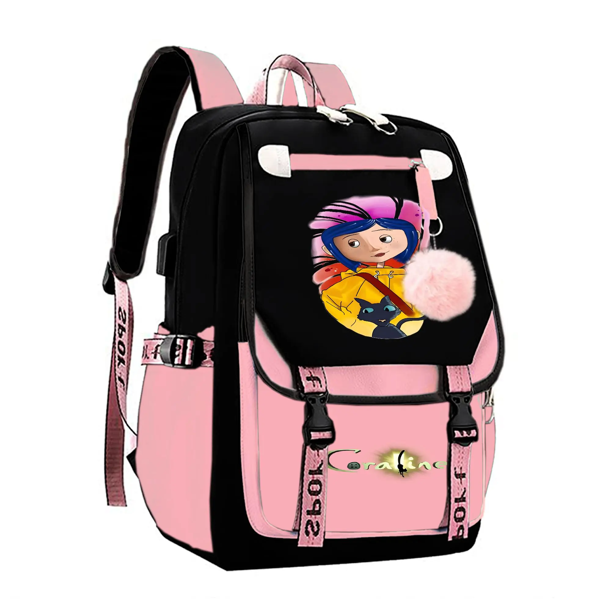 Coraline Graphic Backpack for Girls, Y2K Pink and Black School Bookbag with Keychain, Waterproof Travel Laptop Bag for Teens College d-8