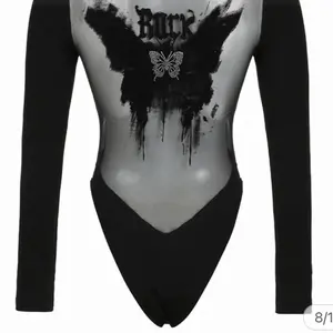 Black Sheer Butterfly Bodysuit with Unique Design Long Sleeves Stretchy Gothic Love Womenswear Vneck Mesh Fashion Aesthetic Style