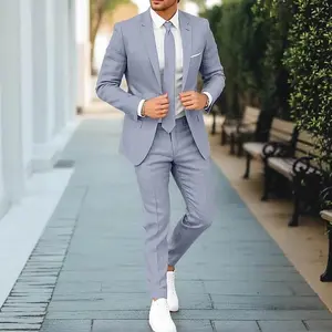 Men's 1-Button Single-Row Linen Suit Set, Longsleeves Jacket & Trouser, Loose Fit Menswear Formal Wear for Business Occasions