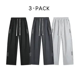 Men’s 3-pack straight wide embroidered sweatpants, wrinkle-resistant polyester casual pants, drawstring elastic waist loose athletic pants, suitable for winter everyday streetwear, home lounging, and weekend outdoor activities, three-color basic color set