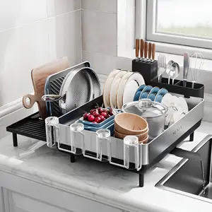 Large Dish Drying Rack, Expandable Dish Racks for Kitchen Counter, Space Saving 304 Stainless Steel Drying Rack Kitchen, Extra Large Drainer with Multifunctional Flip Up Pegs, Black