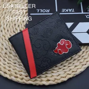 Akatsuki Wallet - Red Cloud Symbol - Japanese Anime Manga PU Leather Pendant Foldable Card Cash Zipper Coin Pocket Indent Pattern Bifold