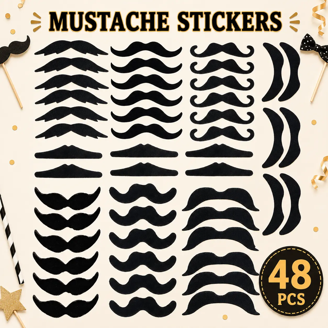 48 Pcs Fake Mustache Stickers Bulk - Self-Adhesive Novelty Mustaches in Assorted Styles for Halloween, Frenchman, Pirate Costumes - Fun Party Favors