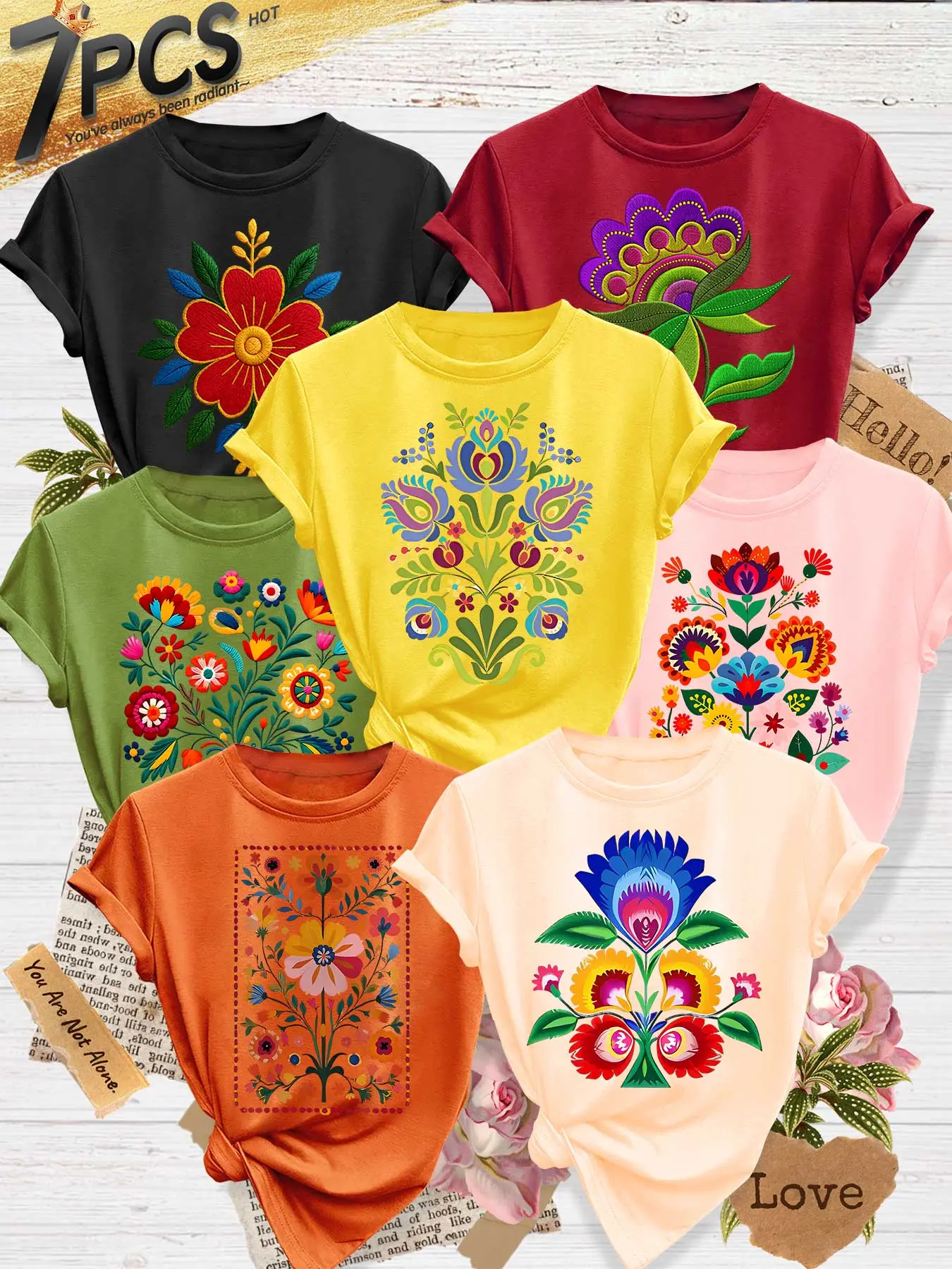 7Pcs Women's Crew Neck T-Shirts, Round Neck, Folk-Style Embroidery Floral Series Print, Multiple Colors Available, Machine Washable, Spring & Summer Tops, Soft Skin-Friendly Fabric, Daily Versatile, Casual, Fashion Design, Womenswear