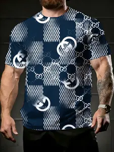 men's short sleeve T-shirt Geometric Grid With Interlocking Gs Pattern spring and summer 3D printing athleisure outfit, crew neck, streetwear, gradient color, white men's football jersey