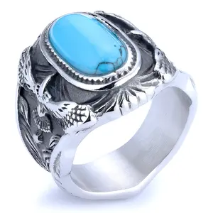 Custom-engraved patterned turquoise ring, eagle blue turquoise men's ring setting