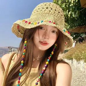 1Pcs Women Crochet Straw Bucket Hat-Colorful Beaded Sun Hat,Trendy Summer Beach/Outdoor Travel Headwear Hats for Women