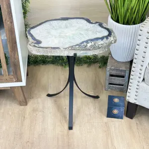 Natural Brazilian Agate Side Table on a black metal base, 22" Tall #1306-0050