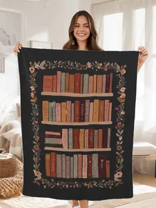 Vintage Bookshelf Illustration Velveteen Plush Flannel Blanket Cozy Reading Decor 100% Polyester Medium Heavyweight High Detail Print Double Needle Stitching