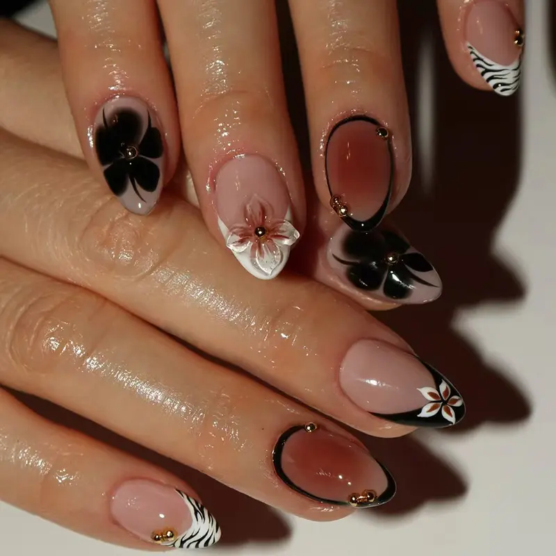 24pcs Short Oval Leopard French Flower Fake Nails Set, Decorative Nails, Gold Pearl Gradient Design, Includes Jelly Glue and File, Perfect for Parties and Daily Wear