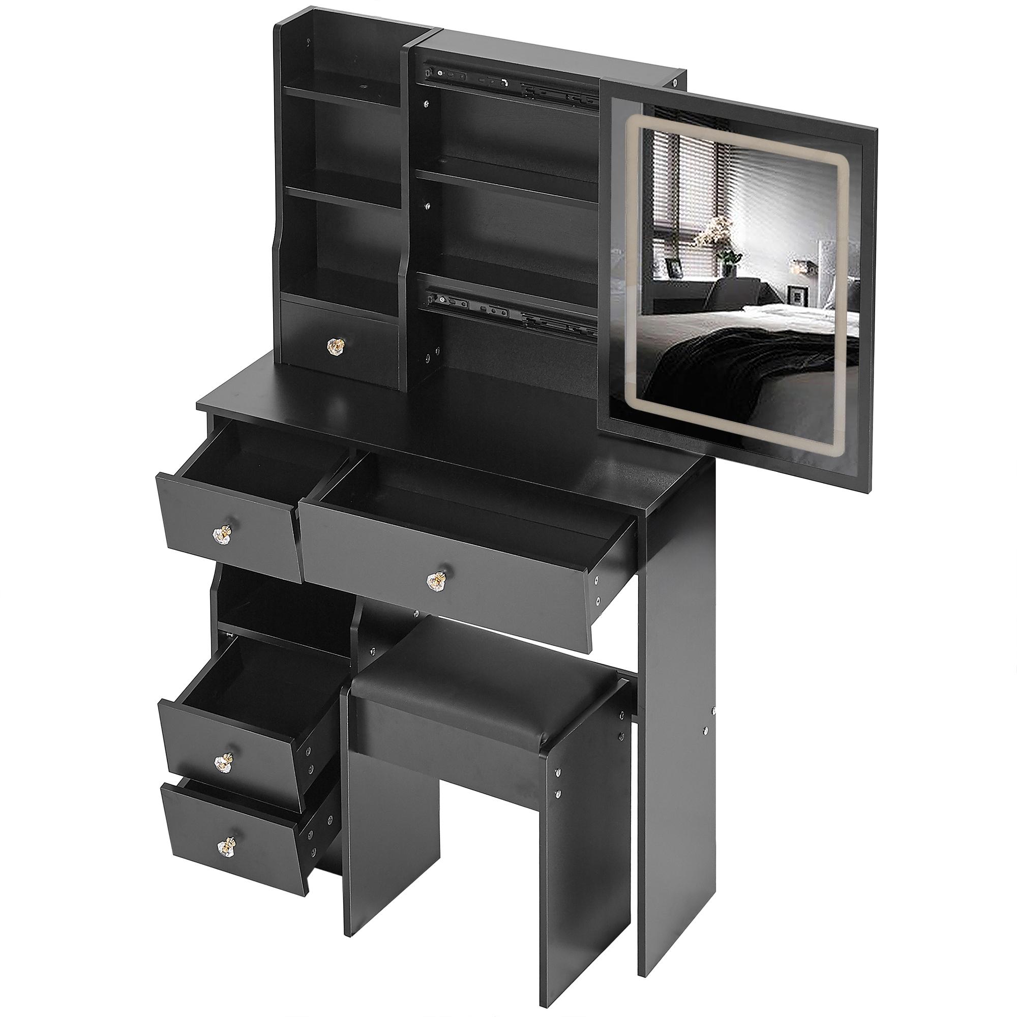 29.2" Small Size Left Drawer Desktop Vanity Table + Cushioned Stool, Large Sliding, Touch Control, Tri-color Switching, Brightness Adjust LED Mirror, High Capacity Storage, Suitable for Small Space