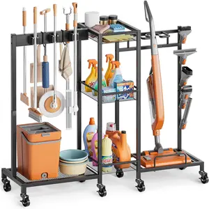 Broom Holder with Cleaning Supplies Organizer, Broom Closet Storage Cabinet with Cleaning  Vacuum Stand, Cleaning Cart with Mop Hanger Gripper Rack Hook, Laundry Room Organization  Essentials