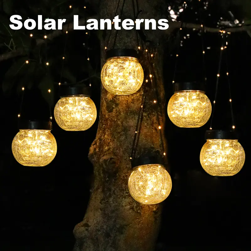 Solar Lights Outdoor Waterproof 6 or 12-Pack, Solar Powered Hanging Lantern Ribbed Glass Hanging Globes for Yard Decor Christmas Decoration, Shepherd Hook, Garden Tree Ornaments,dorm essentials,home decor,home essentials,camping essentials