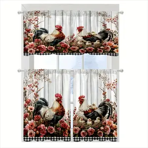 SoftHaven Home Made in USA 3 Piece 2D Flat Print Kitchen Curtain Set, Vintage Pink Floral & Rooster Pattern, Rod Pocket Valance & Tier, Polyester, Ideal for Kitchen, Cafe, Living Room & Christmas Home Decor