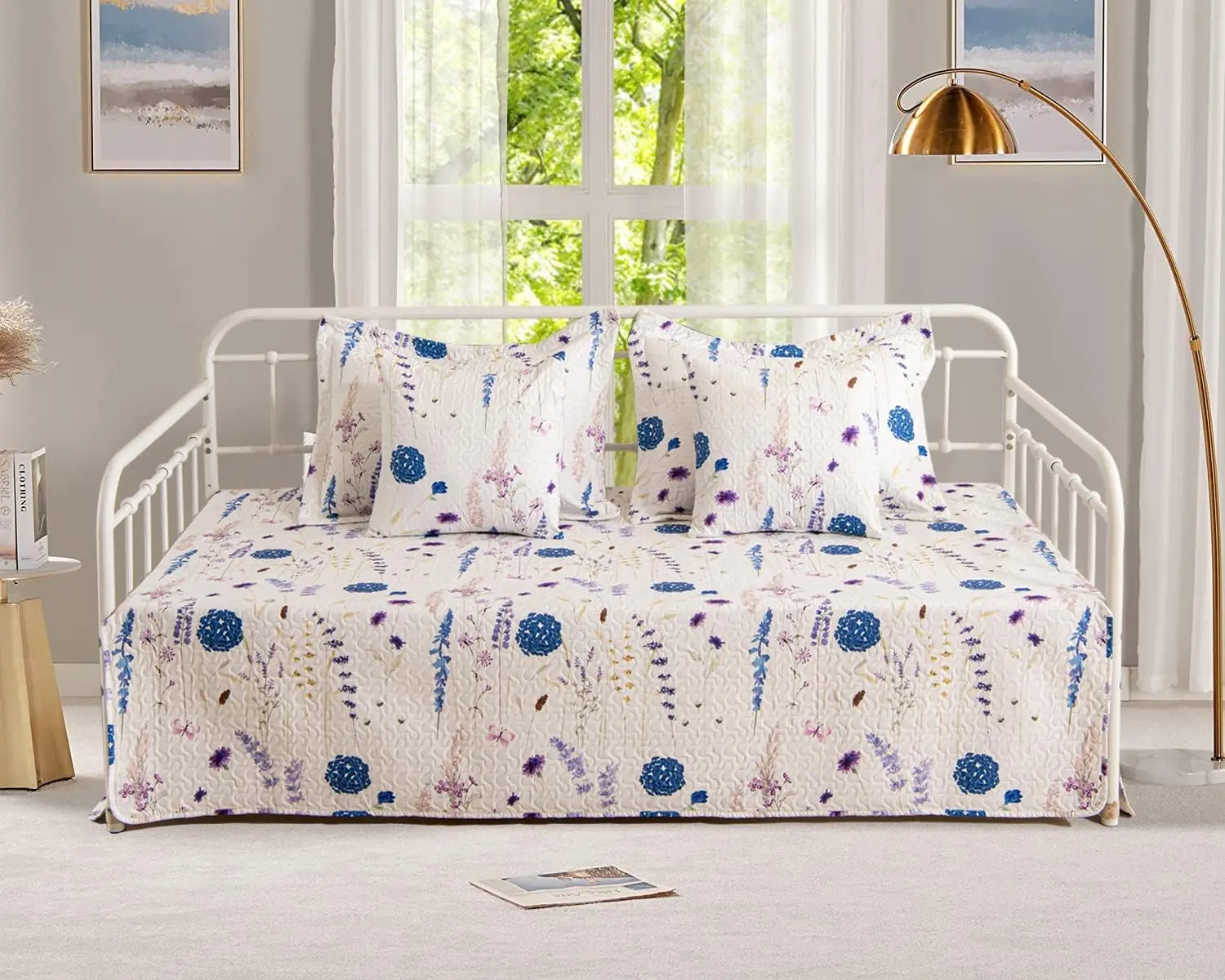 5-Piece Floral Daybed Cover Set Twin Cozy Daybed Bedding Comforter Bedspread Sets for All Season Lightweight Flower Day Bed Cover for Twin Bed with 4 Pillow Shams,39"x75"
