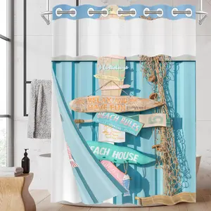 1 Pack No Hook Double Layer Shower Curtain, Beach House Sign Print Bath Curtain, Waterproof, Mildew Resistant, Durable Fabric, Coastal Home Decor, Removable Liner, Top See-Through Window, Partition Curtain 71"×74"