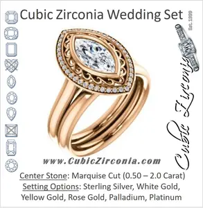 CZ Wedding Set, featuring The Bessie engagement ring (Customizable Cathedral-Bezel Marquise Cut Design with Flowery Filigree and Halo)