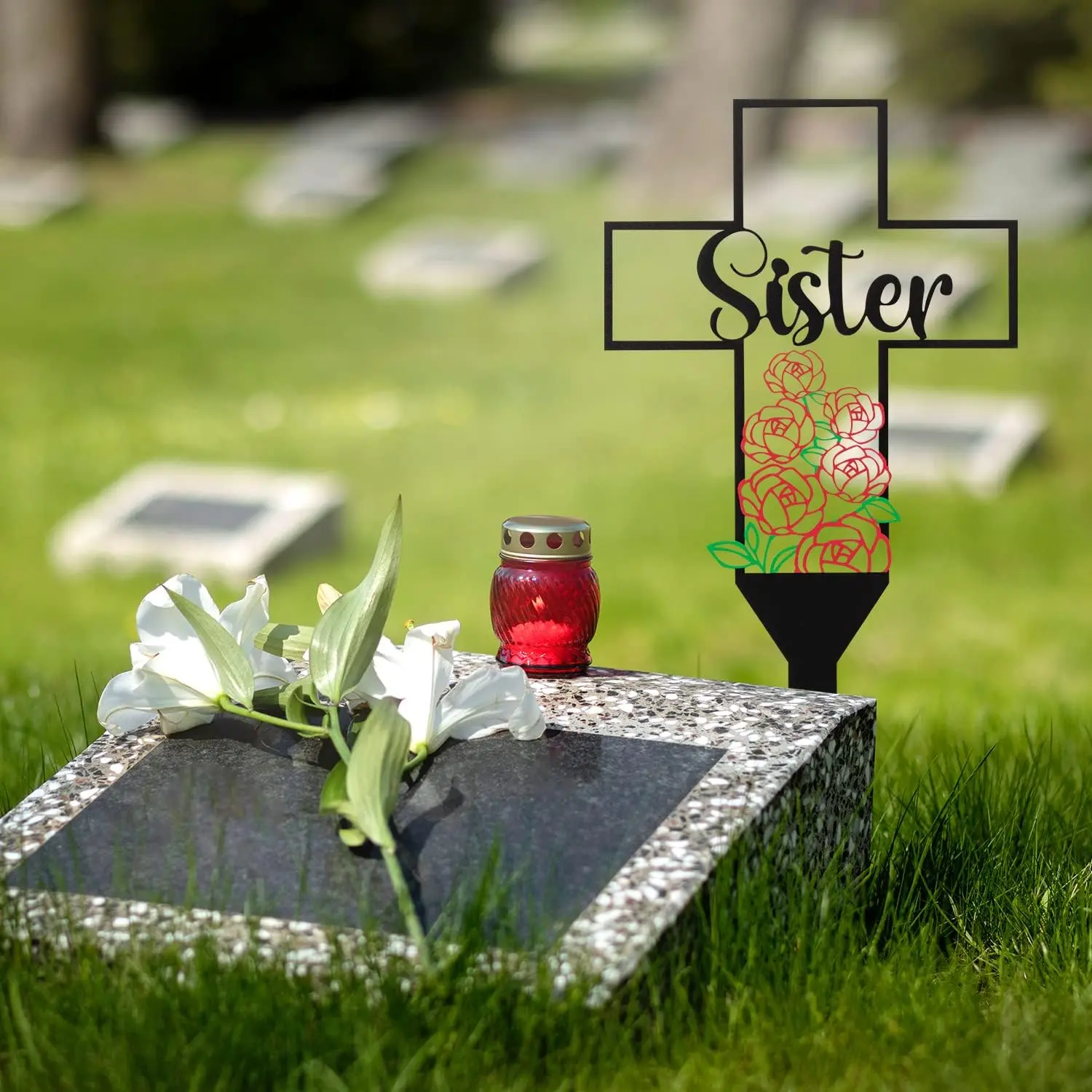 Acrylic Cross Grave Marker, 1 Count Letter & Flower Pattern Cross Design Cross Grave Marker, Outdoor Decorative Memorial Stake Installation for Garden