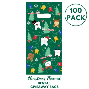 100-Pack Dental Giveaway Bags in Bulk- Christmas Winter Holiday Themed Giftwrapping Bags, Dentist Office Plastic Gift Giveaway Bags