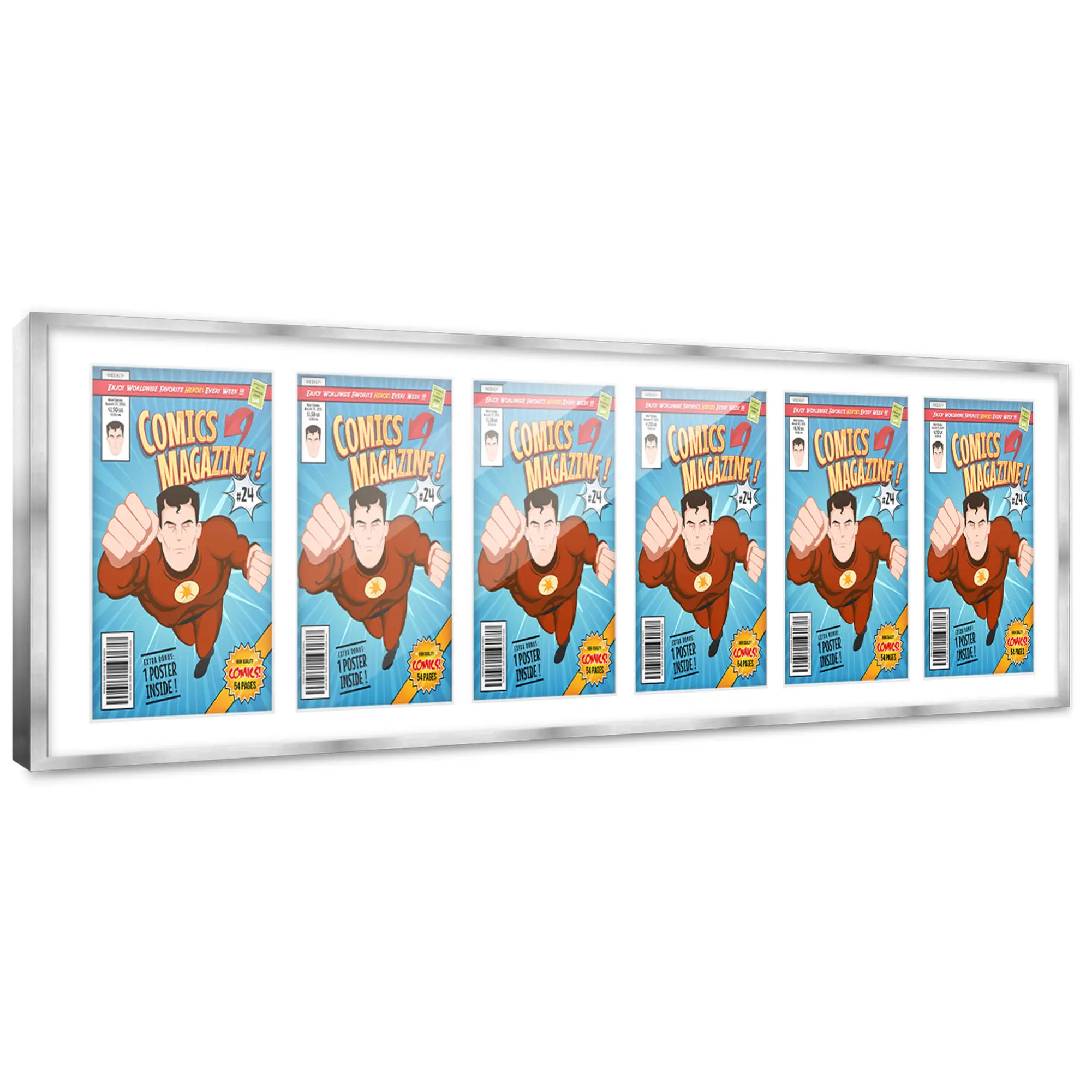 Comic Book Frame with Mat for 6 Current Era Comics Published After 1985 - Silver Wood Comic Frame With White Mat for 6.875x10.5 Comics - 51x14 Frame Size