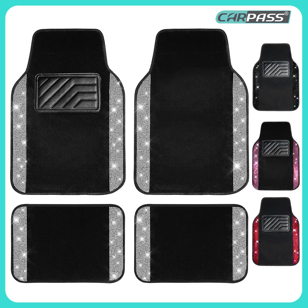 CAR PASS Bling Diamond Car Floor Mats,Shining Rhinestone Carpet Sparkly Glitter Anti-Slip Waterproof Universal Fit SUV,Sedan,Van,Cute Girl Women,4pcs