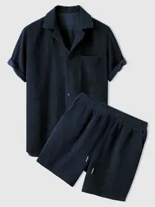 Men's Striped Texture Breathable Button Front Shirt and Drawstring Shorts Set, Outfits, Vacation Wear, Daily Use, Summer Casual