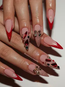 (MTO) Handcrafted Wearable Nail Art Red Bow Gem Fashion Hand Accessories