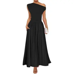 Women's Summer 2025 Sleeveless Maxi Dress One Shoulder Casual Slim Swing Pleated Formal Dresses with Pockets