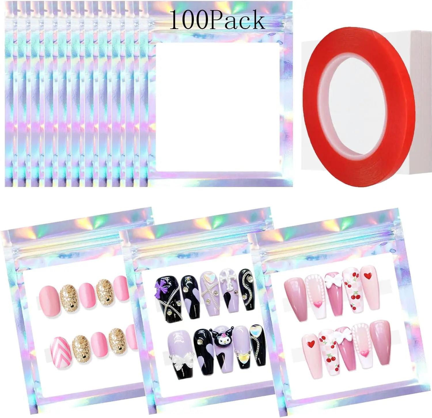 Qenk 201PCS Press on Nail Packaging Bag, Nail Bags for Press ons | 100PCS Empty Nail Storage Bag and 100PCS White Cardboard with 1 Roll Double Sided Tape, Nail Packaging for Business Salon