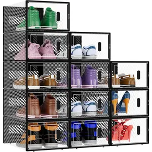 12 Pack Stackable Shoe Storage Boxes Fit Size 9, Thickened Clear Shoe Box Bins with Lids, Plastic Foldable Organizer Sneaker Storage Containers (Large, Black)