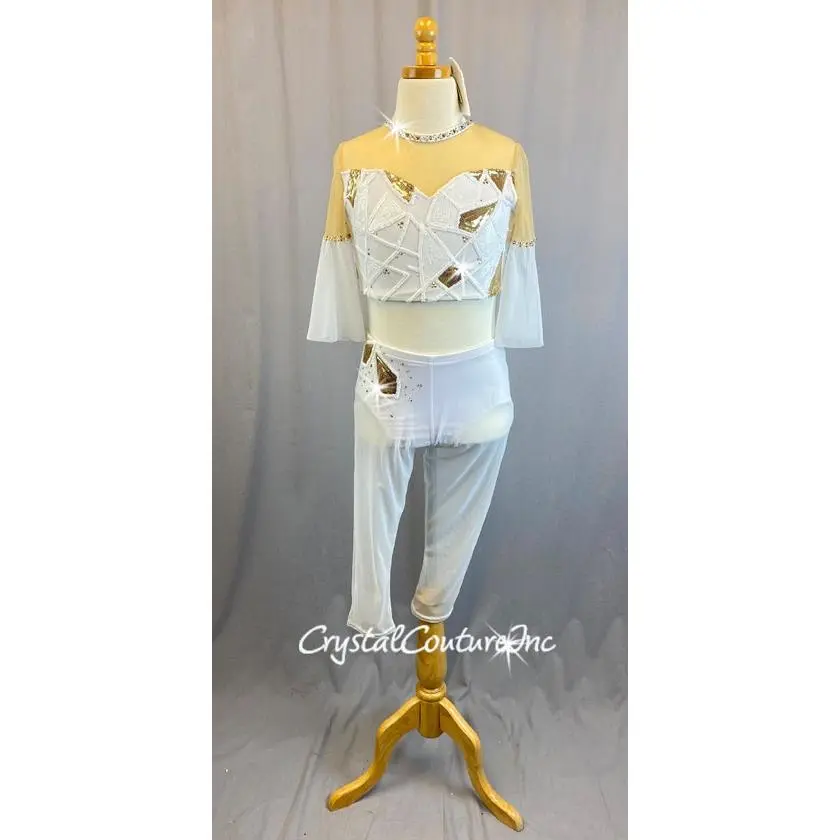 White Top and Trunk/Sheer Crop Pants with White/Gold Sequin Design - Swarovski Rhinestones