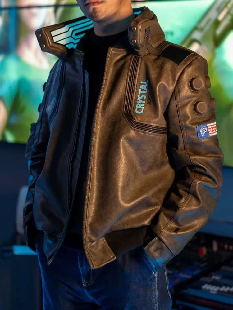 Men's Cyberpunk PU Leather Jacket with Illuminated Collar, High-Quality Cosplay Costumes for Menswear, Available as Hat+Jacket or T-Shirt Set, Sizes M-4XL, Clothes, Blue Collar, Fabric
